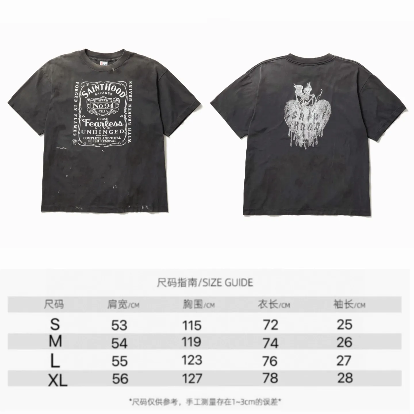 ❥8038#P140 Saint Mxxxxxx ✖️Neighborhood co-branded new model [Angel Skull Love] is made of double yarn double-ply cotton batik fabric 290 grams, comfortable and breathable to wear. Stiff silhouette, full of street feel, loose fit. Craftsmanship: semi-water slurry printing + graffiti + spray coding, batik and wash. Size: (S-M-L-XL) Color: Washed black